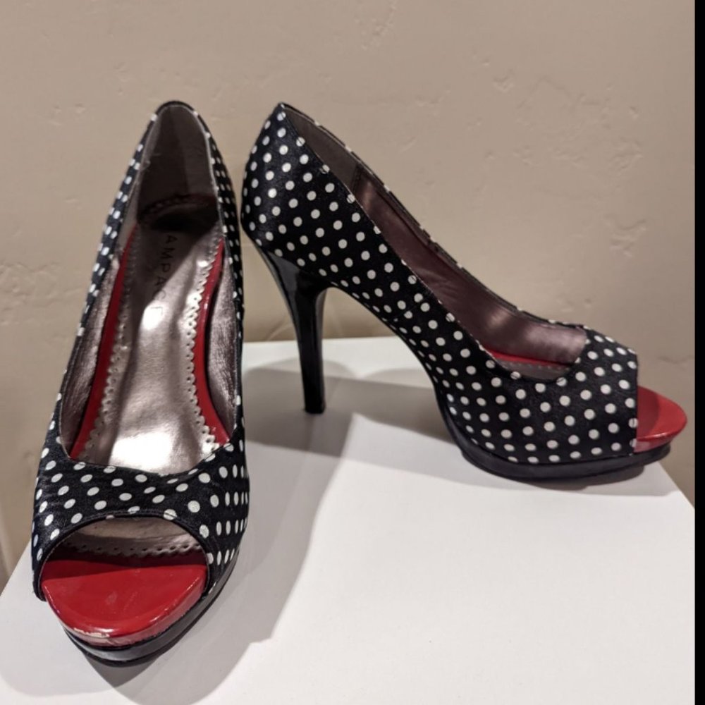 Rampage sz 8 black & white b&w polka dot stiletto heels w red peep toe